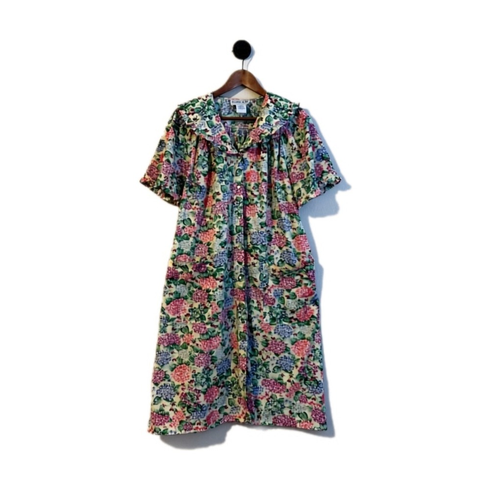 Vintage Floral Cottage Core Prairie Pearl Snaps Housecoat Dress Collared Ruffed